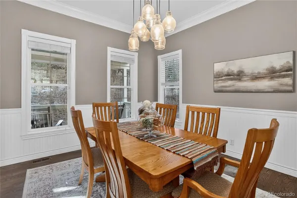 a view of a dining room with furniture window and wooden floor