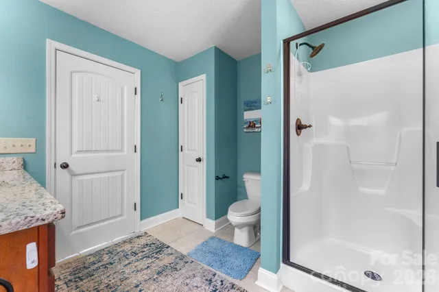 a bathroom with a granite countertop sink a toilet and shower