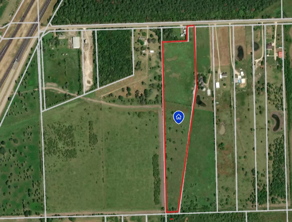 Satellite View of property (red). Property is wide and open for new home, barndominium, horse barns, etc. Endless potential and plenty of space.