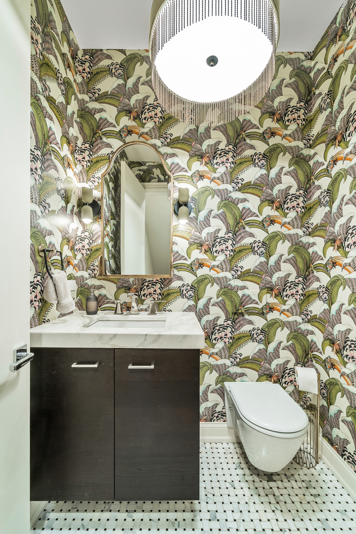 53 East Division Street Chicago, IL 60611 - Photo 21 of 78 a bathroom with a granite countertop sink and a mirror