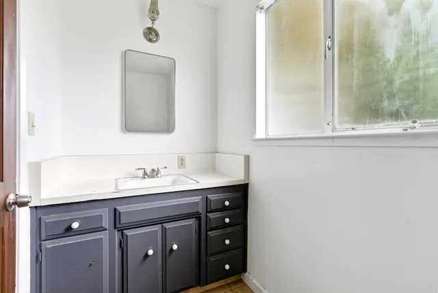 a bathroom with a sink and a mirror