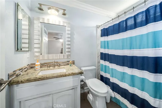 a bathroom with a sink a toilet a mirror and shower curtain