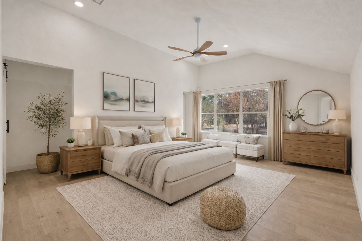 20 Buttonbush Court The Woodlands, TX 77380 - Photo 18 of 43 a spacious bedroom with a bed a dresser and potted plant