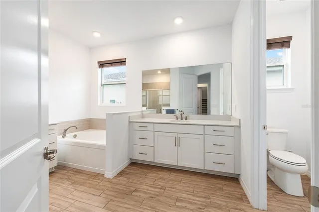 a bathroom with a sink a toilet and a large mirror