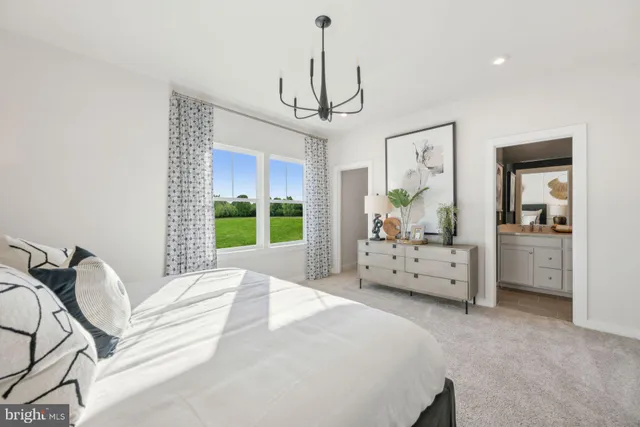 a view of a bedroom with furniture and windows