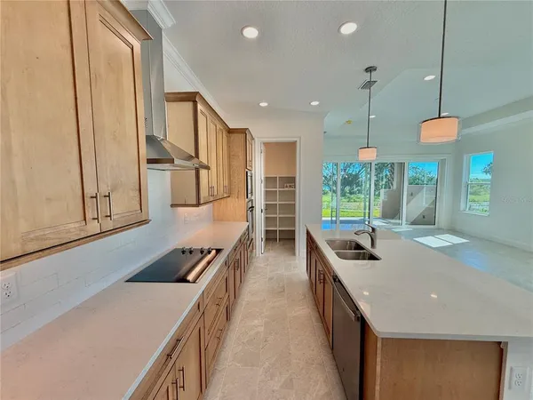 a view of a dining room and livingroom with furniture a rug a kitchen and a chandelier