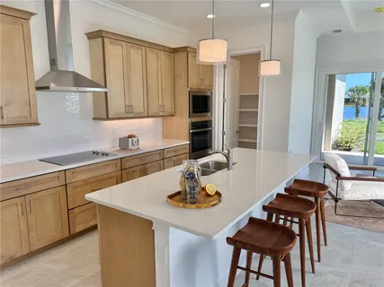 a view of a dining room and livingroom with furniture a rug a kitchen and a chandelier