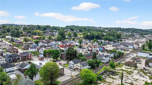 an aerial view of residential houses with outdoor space and trees