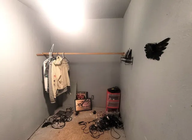 a view of storage and utility room with racks on the wall