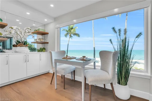 a view of a dining room with furniture and a potted plant