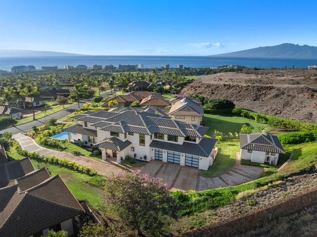 an aerial view of a house with a yard and lake view