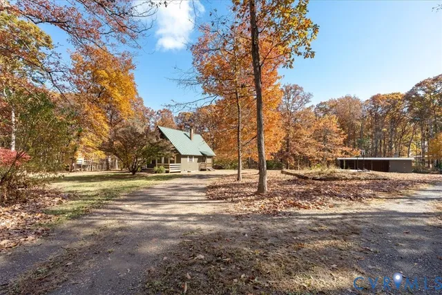 a view of a dirt yard with a large tree
