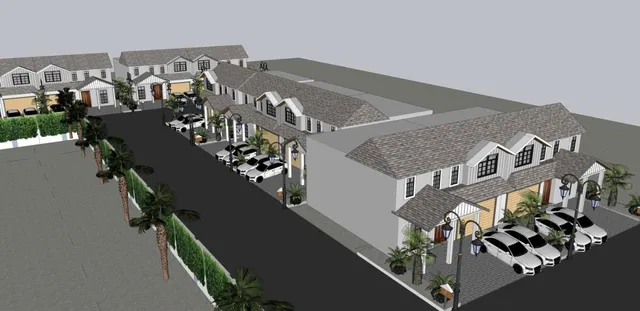 an aerial view of waterside residential houses