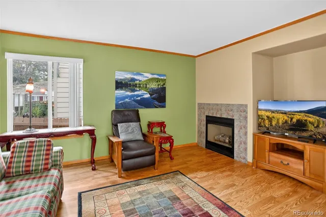 a living room with furniture a flat screen tv and a fireplace
