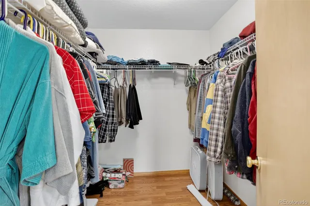 a view of walk in closet with clothes and shoes