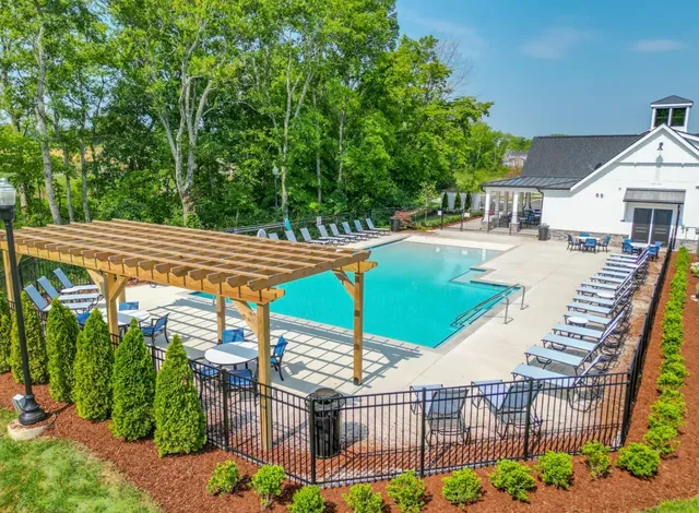 an outdoor space with furniture