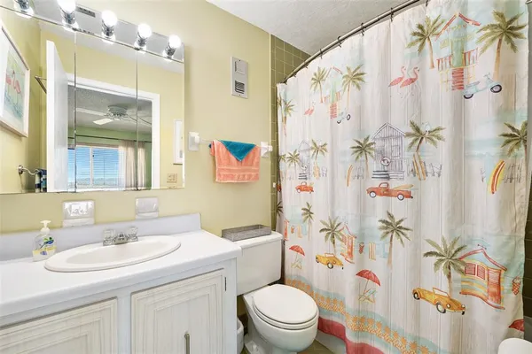 a bathroom with a sink a toilet and shower curtain