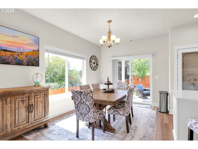 a view of a dining room with furniture wooden floor and chandelier