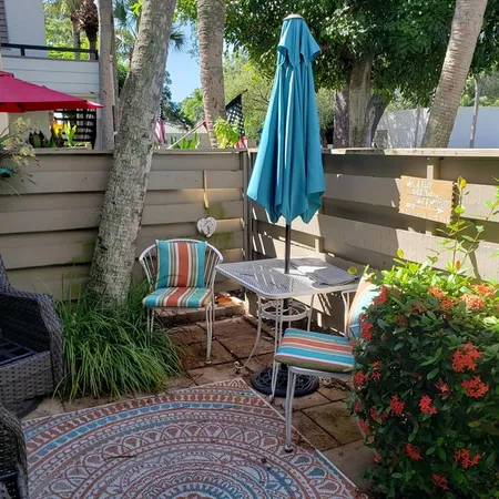 a garden view with a seating space