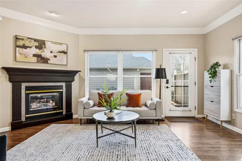 a living room with furniture a fireplace and next to a window