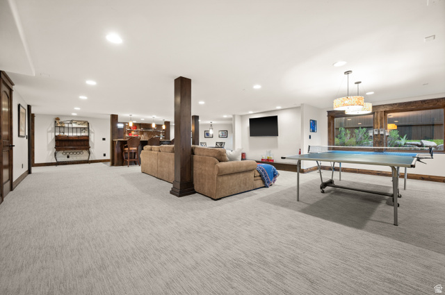 10280 Dimple Dell Road Sandy, UT 84092 - Photo 47 of 58 Playroom featuring bar, recessed lighting, and light carpet
