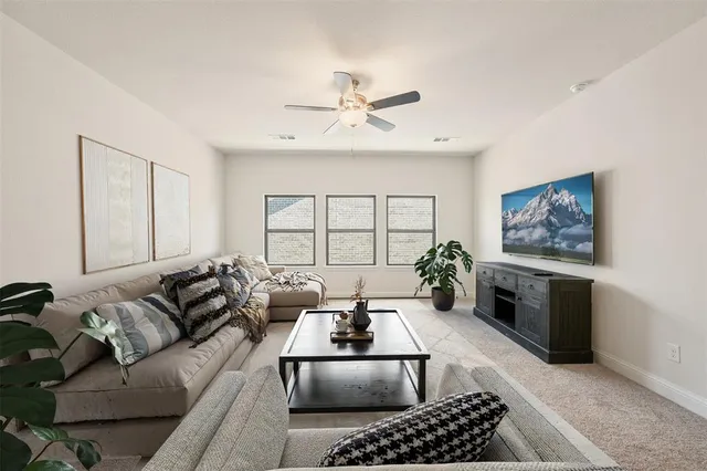 a living room with furniture ceiling fan and a rug