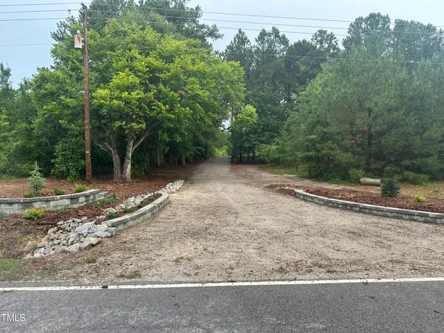 a view of a yard with trees in the background