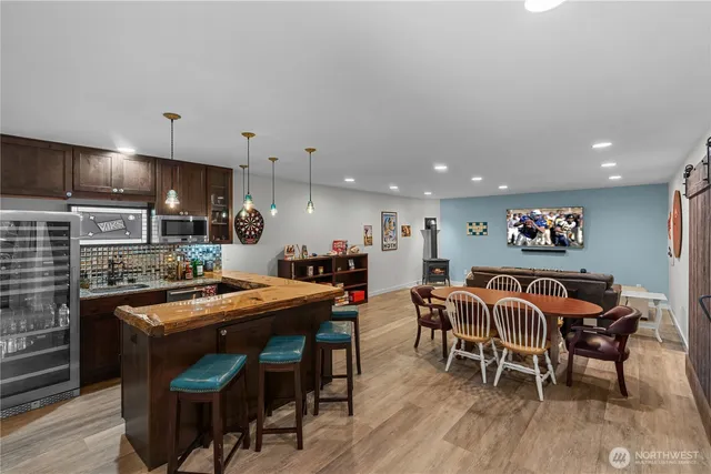 a view of a dining room with furniture