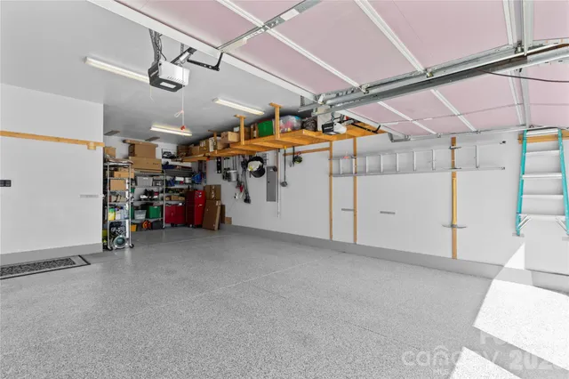 a view of a garage with storage