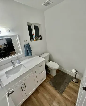 a bathroom with a double vanity sink toilet and mirror