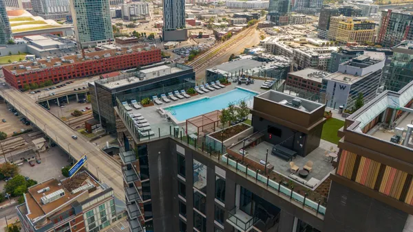 a city view with tall buildings