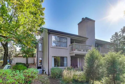 a front view of a house with plants and trees