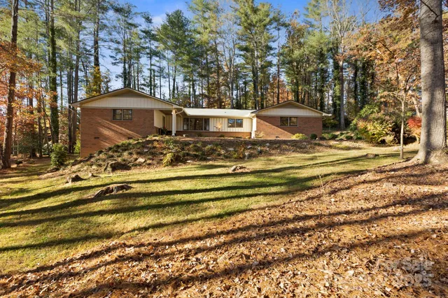 a view of a yard with large trees