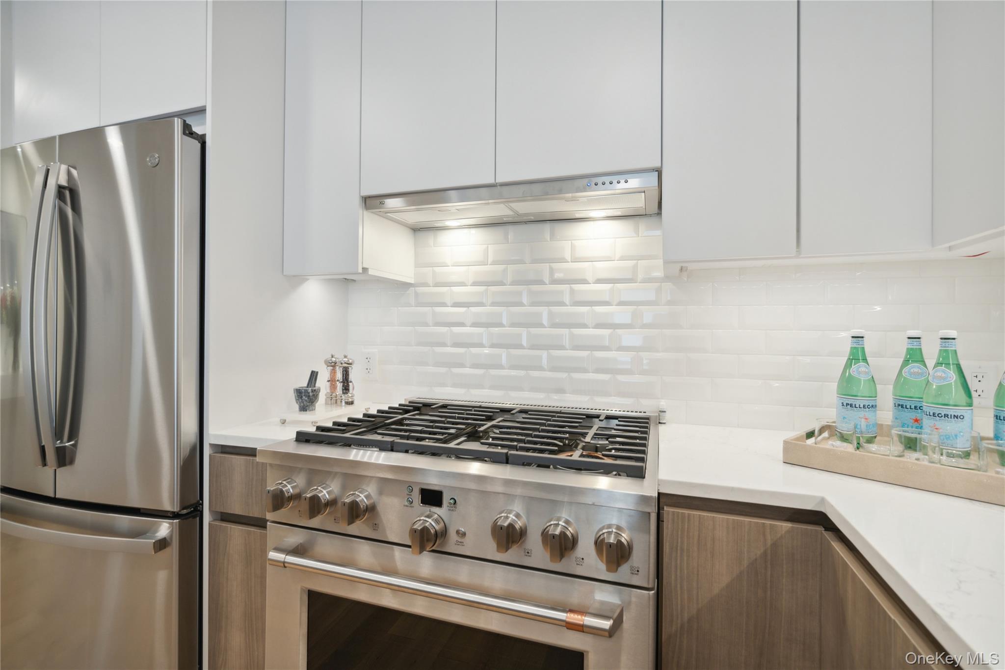 218 Middle Neck Road, Unit 302 Great Neck, NY 11021 - Photo 27 of 30 Kitchen featuring white cabinets, backsplash, stainless steel appliances, and extractor fan