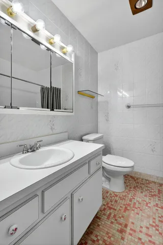 a bathroom with a sink a toilet and a mirror