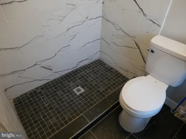 a bathroom with a toilet and a shower
