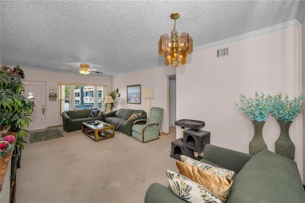 a living room with furniture flowerpot and a chandelier