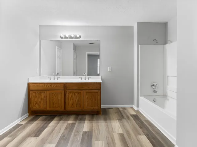a bathroom with a sink mirror and a bathtub