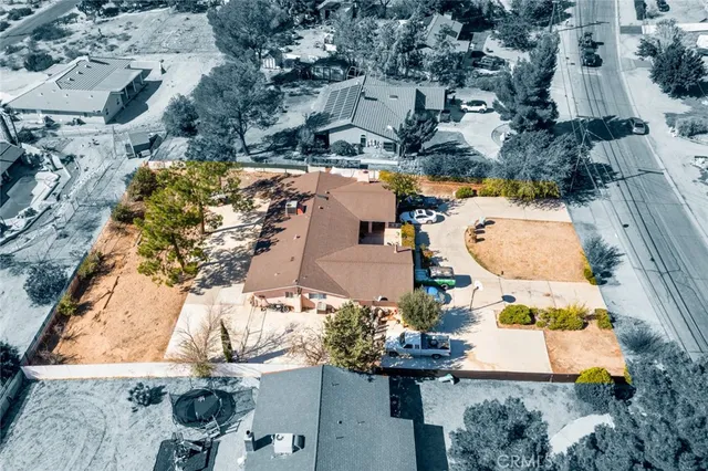 an aerial view of a swimming pool