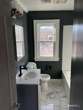 a bathroom with a sink toilet and mirror