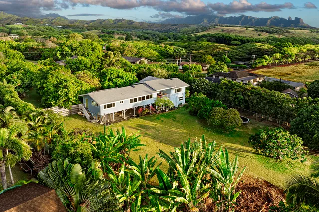 an aerial view of a house with a yard