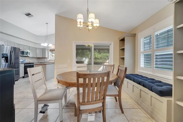 a view of a dining room with furniture window and outside view