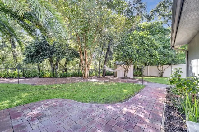 a view of a backyard with large trees
