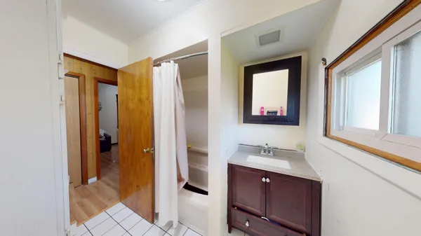 a bathroom with a sink mirror and a shower