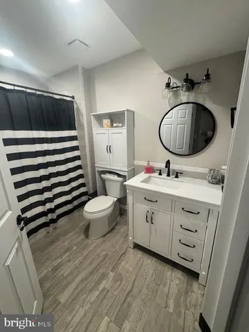 a bathroom with a double vanity sink mirror and toilet