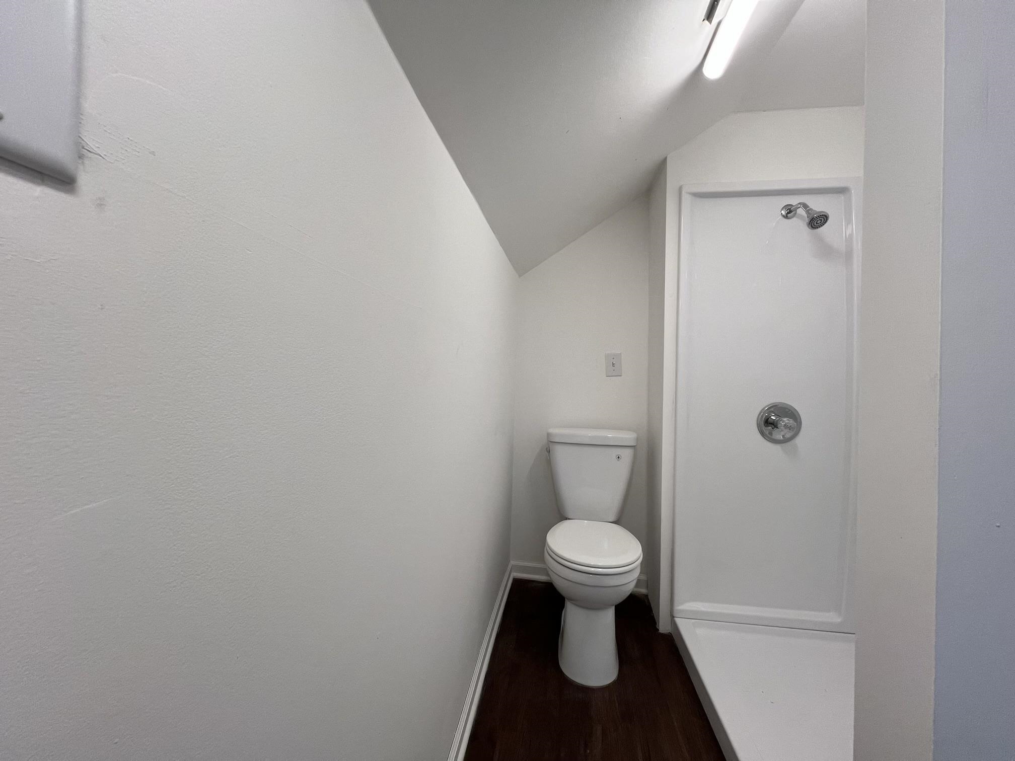 306 7th Street West Ashland, WI 54806 - Photo 18 of 25 Bathroom featuring lofted ceiling, dark wood-style floors, and a shower