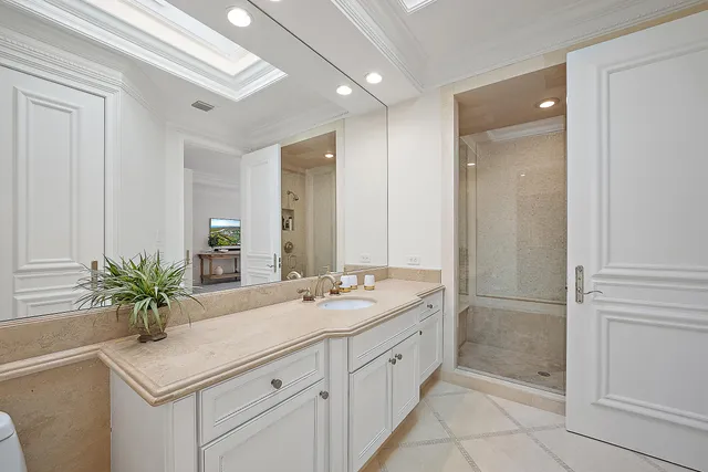 a bathroom with a sink a large mirror and a shower