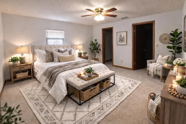 a bedroom with a bed furniture and a window