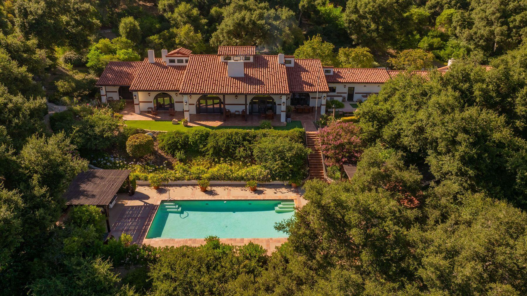 10883 Oak Knoll Road Ojai, CA 93023 - Photo 2 of 43 an aerial view of a house with a yard basket ball court and outdoor seating