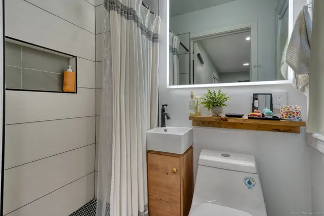 a bathroom with a sink a toilet and mirror